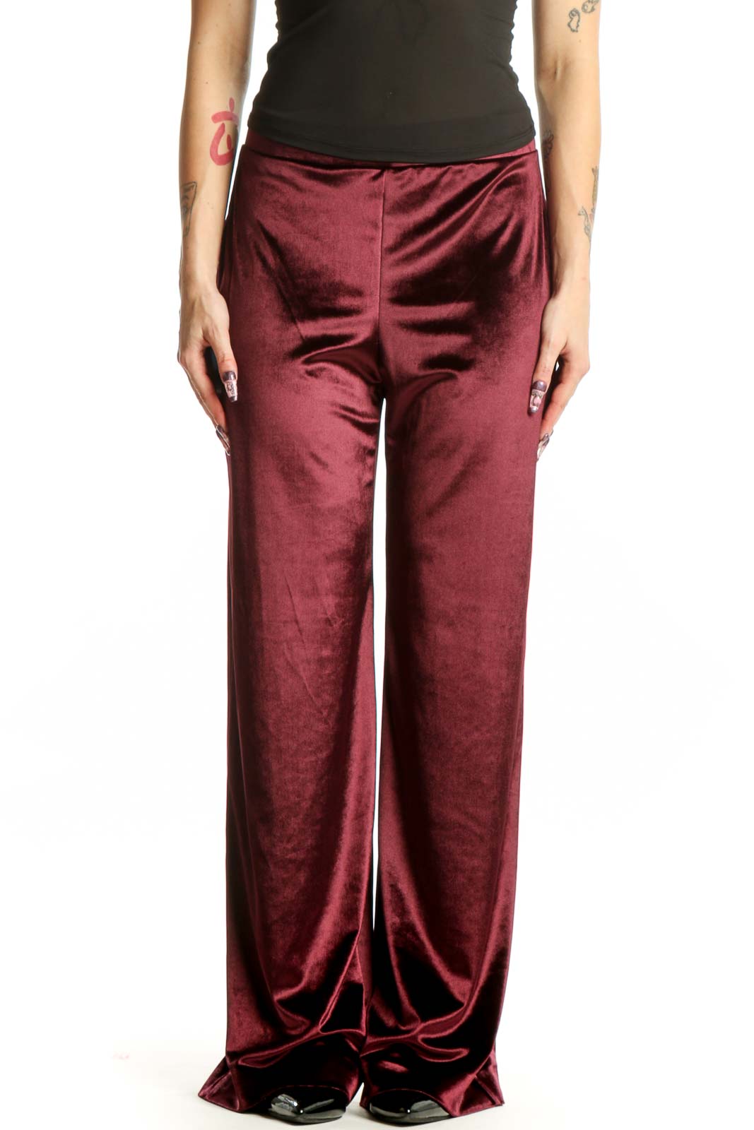 Burgundy Velvet Wide Leg Pants Front