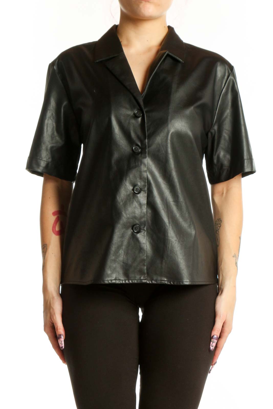 Black Leather Button-Up Short Sleeve Shirt Front