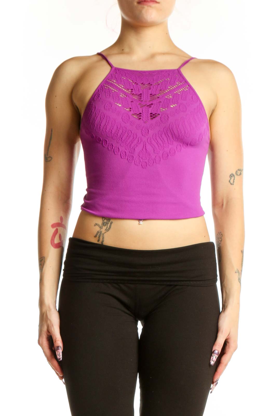 Purple Lace Halter Crop Top Front