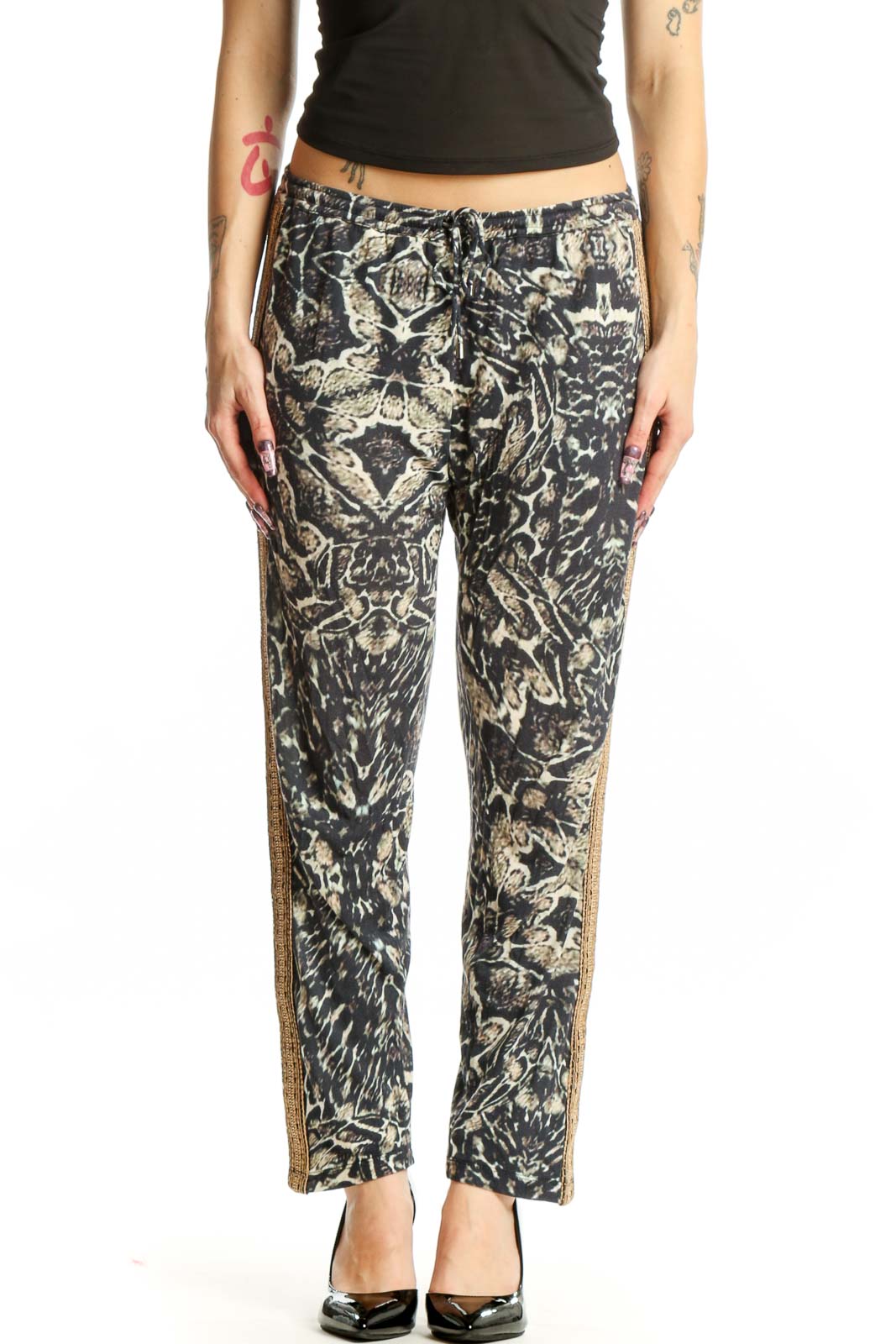 Black Cream Floral Print Modal Pants Front