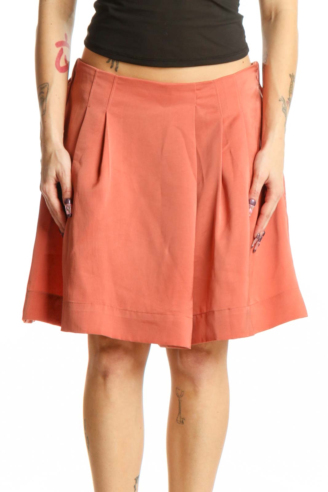 Coral Pleated Knee-Length Shorts Front