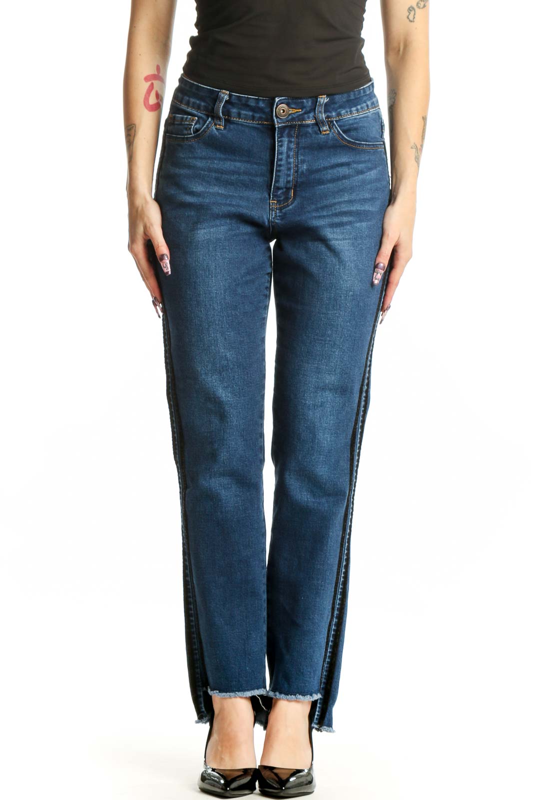 Blue Denim Straight Leg Jeans with Side Slit Front