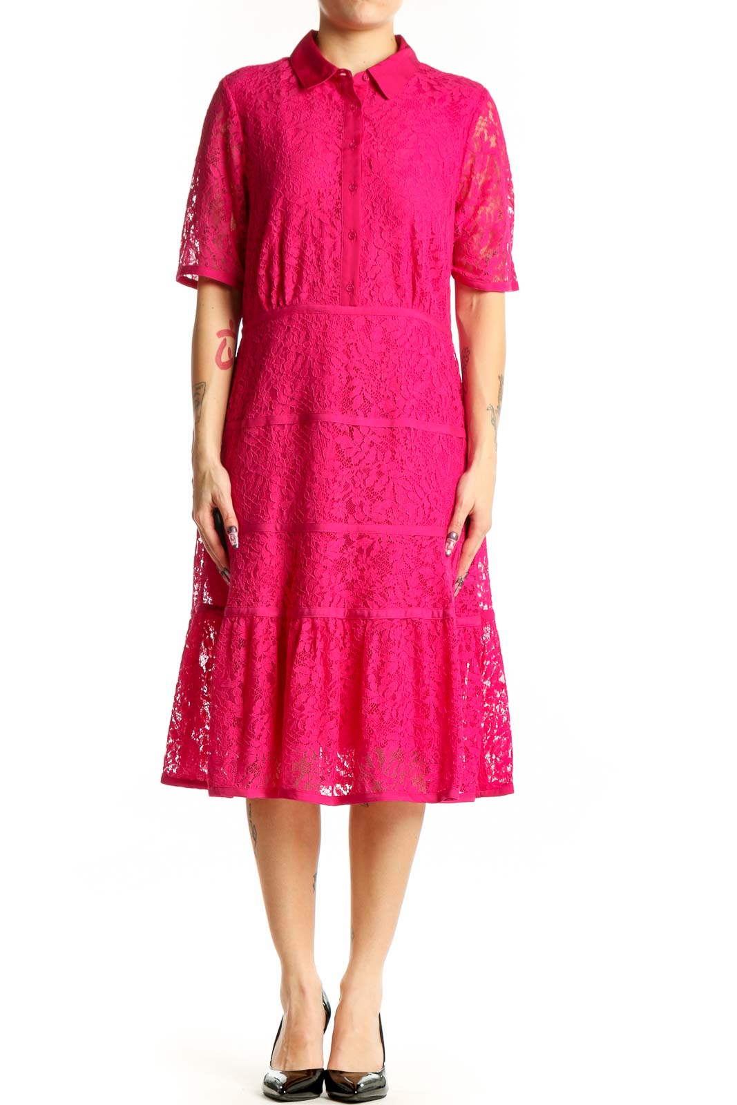 Pink Lace Shirt Dress with Collar Front