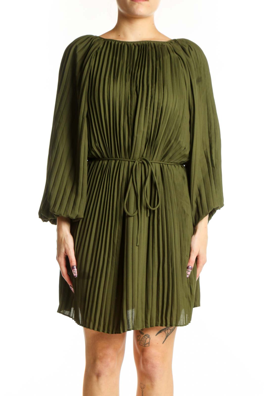 Olive Green Pleated Balloon Sleeve Dress Front