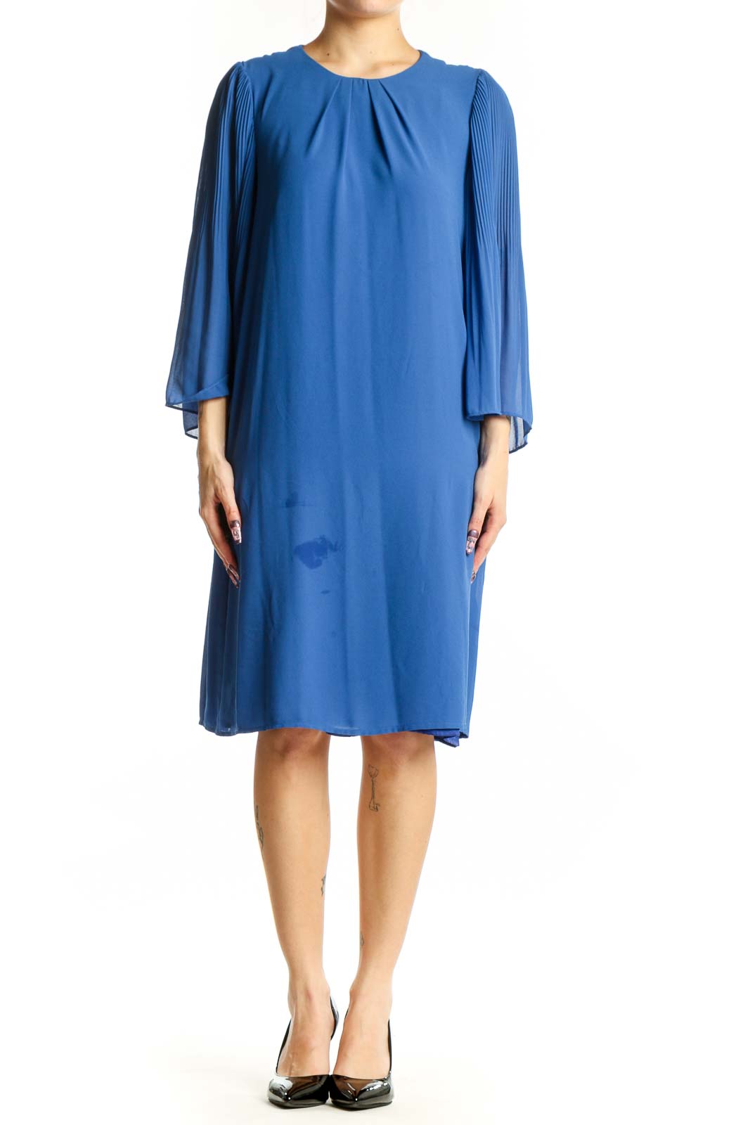 Blue Pleated Cape Sleeve Dress Front