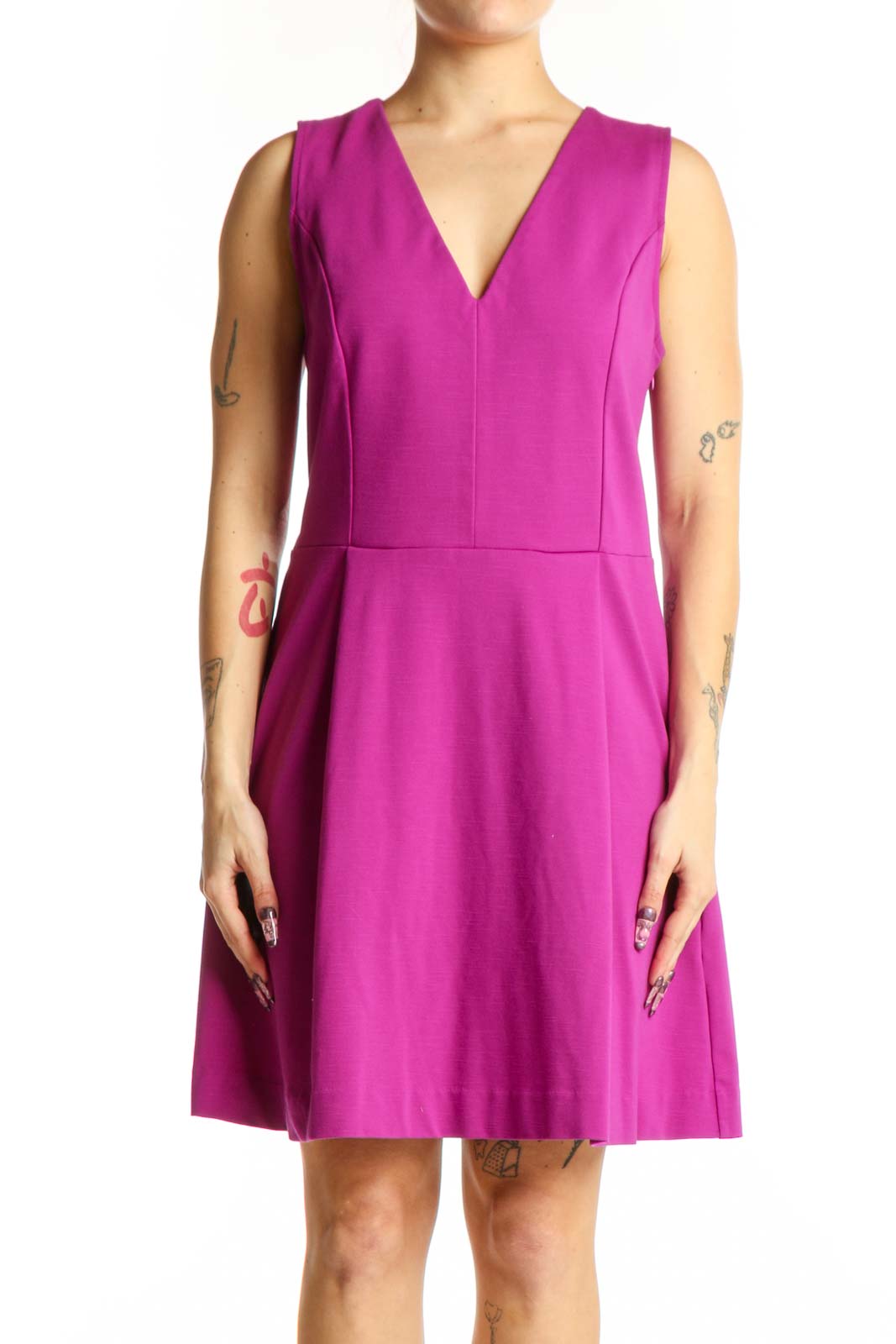 Magenta V-Neck Fit and Flare Dress Front