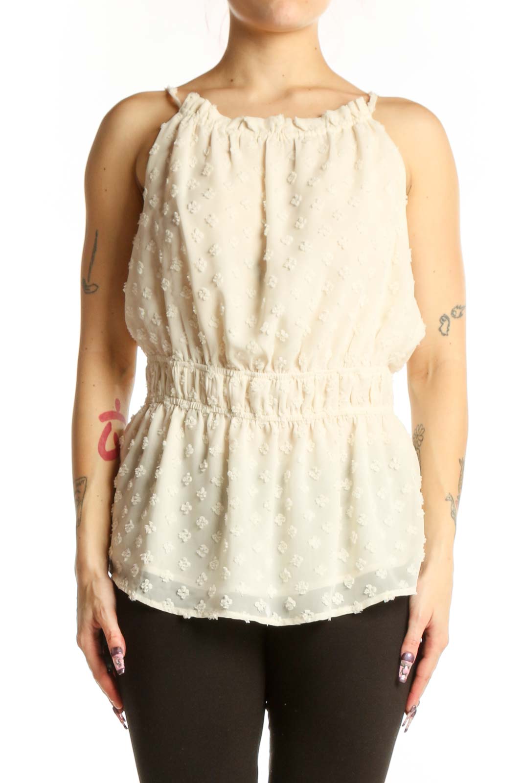 Cream Embellished Sleeveless Blouse Top Front