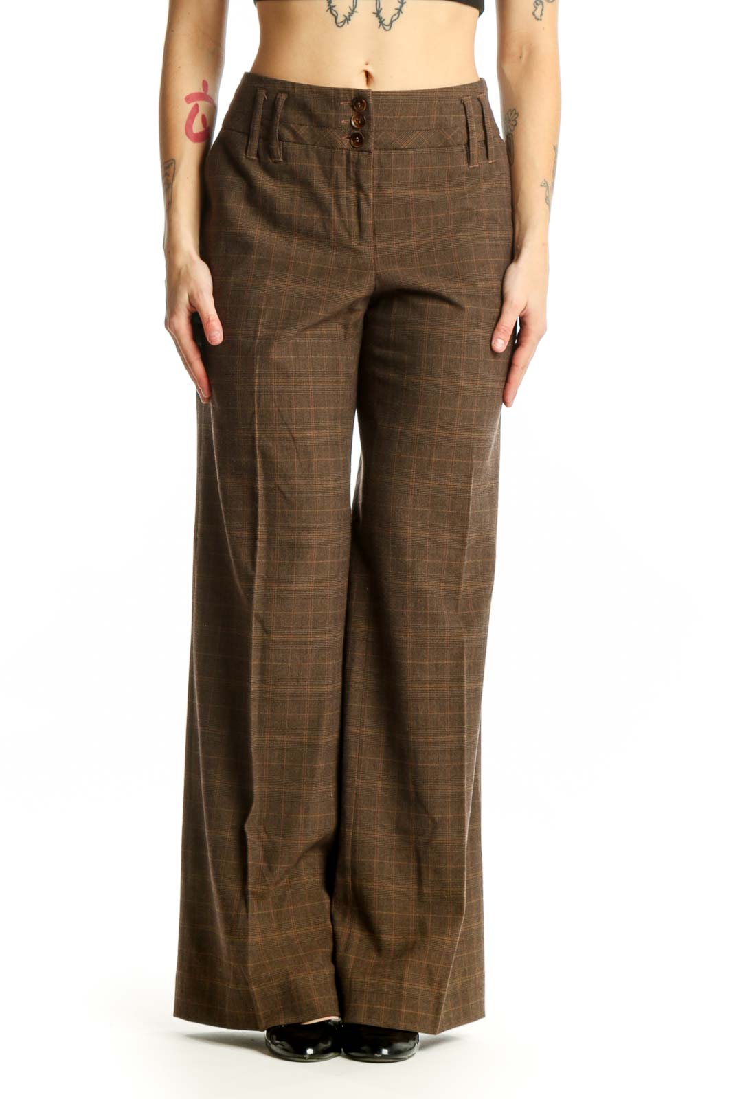 Brown Plaid Wide-Leg Dress Pants Front