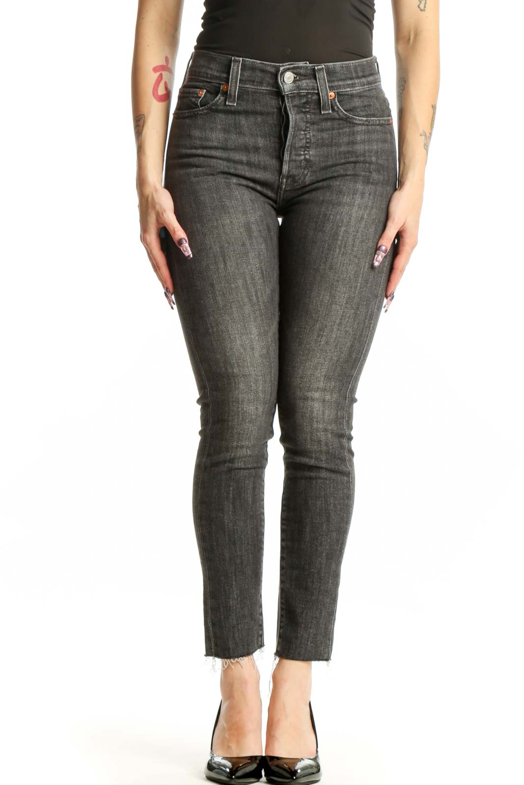 Gray Cropped Skinny Denim Jeans Front