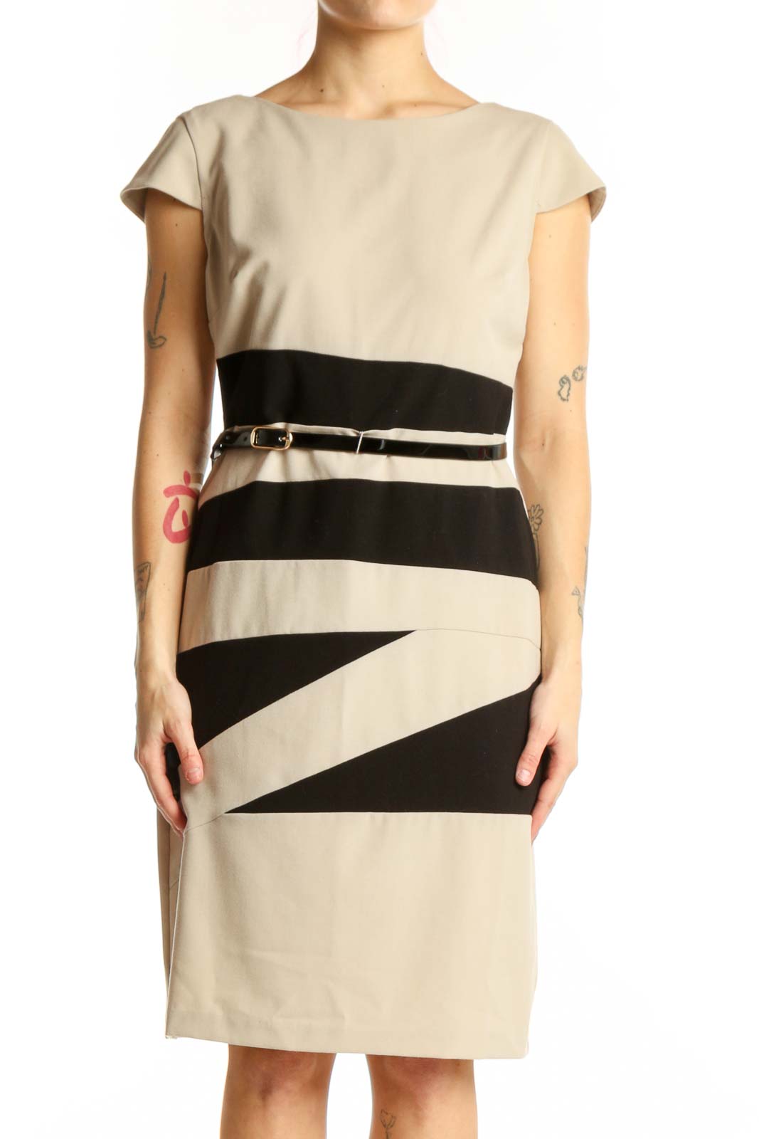 Cream and Black Colorblock Belted Dress Front