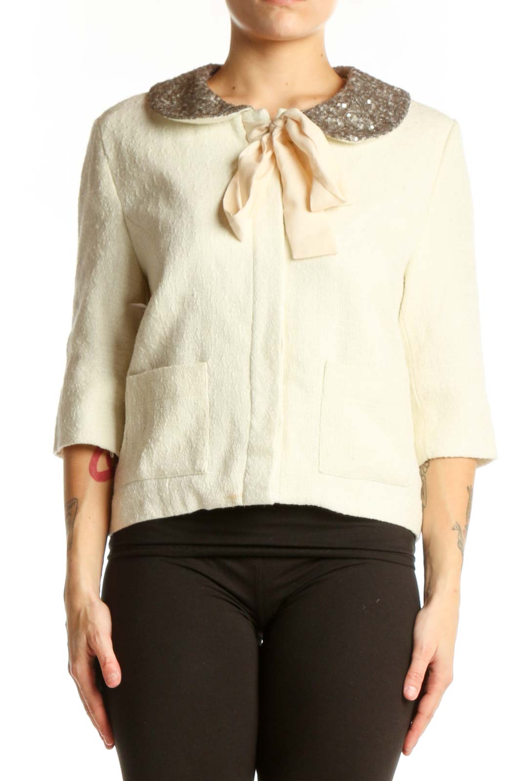 Cream Wool Blend Jacket with Sequin Collar Front