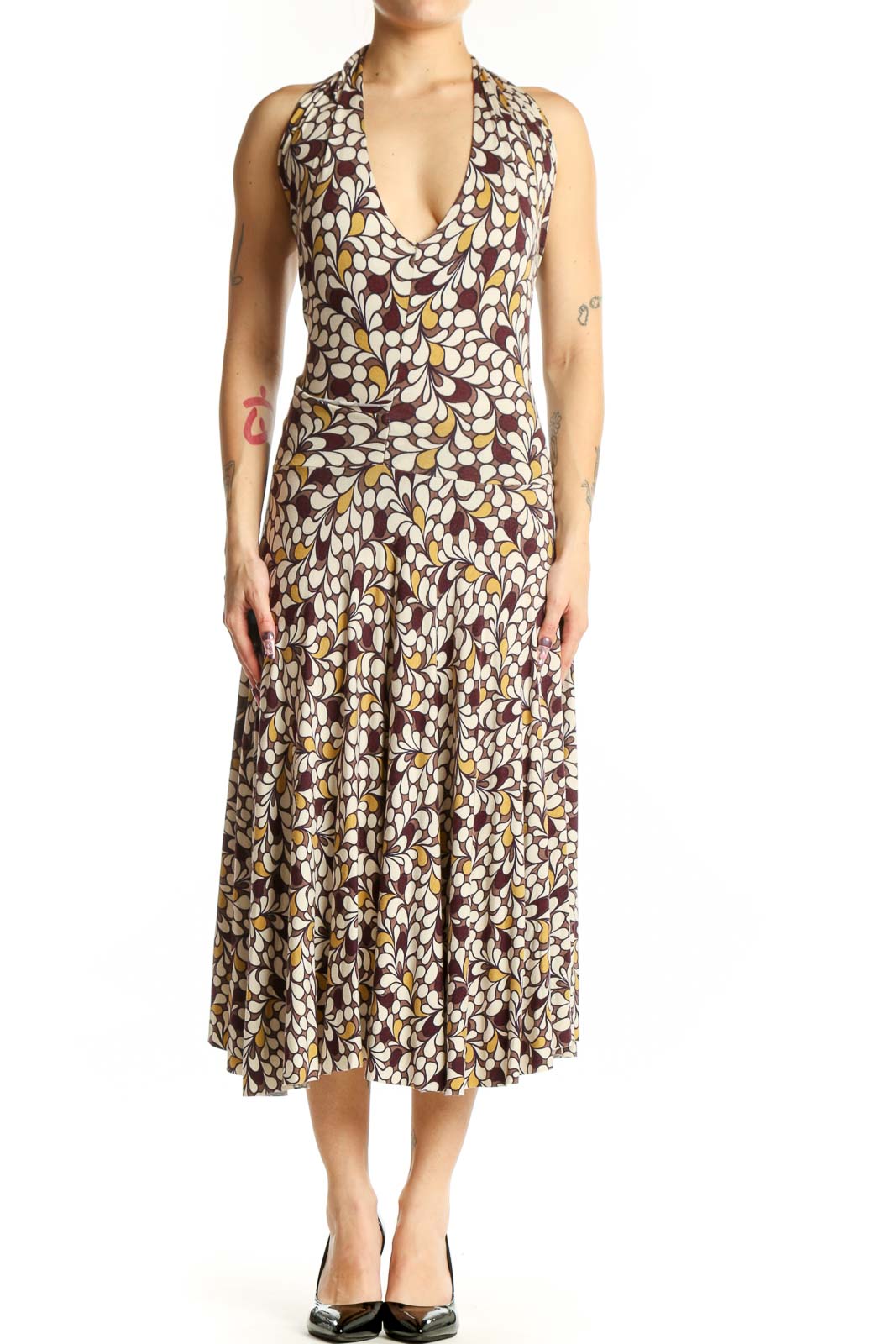 Brown Floral Halter Midi Dress Front