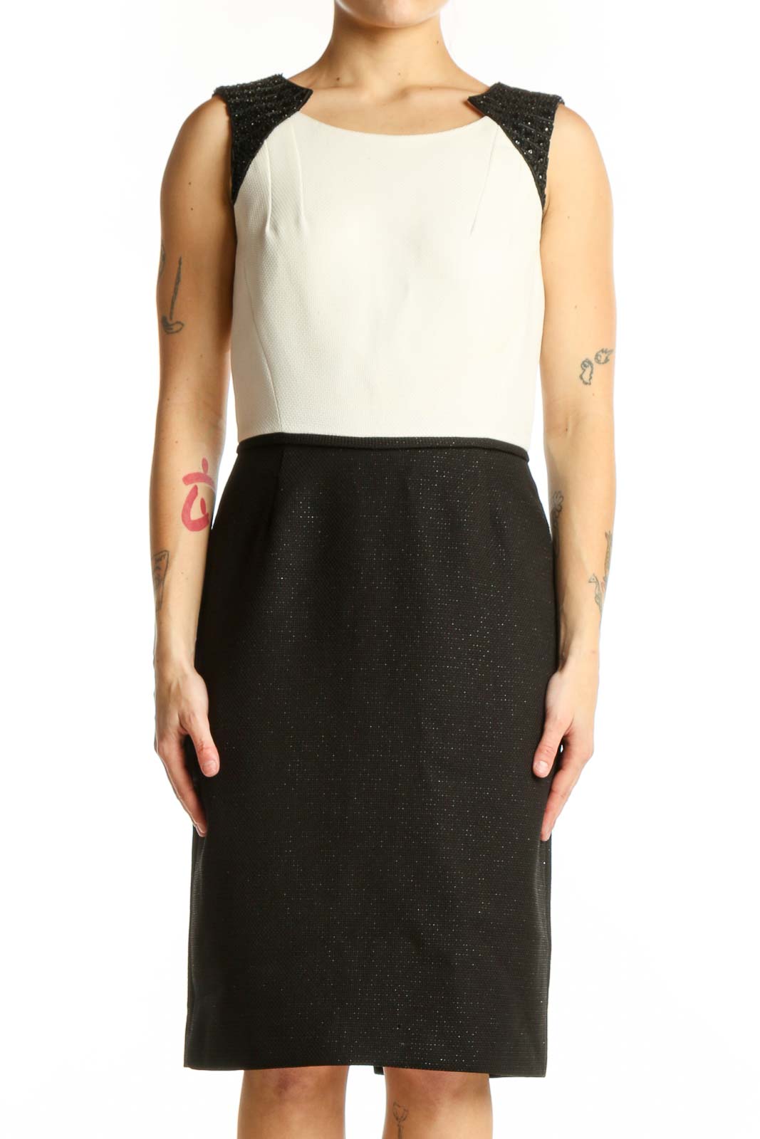 Black and Cream Color Block Sheath Dress Front