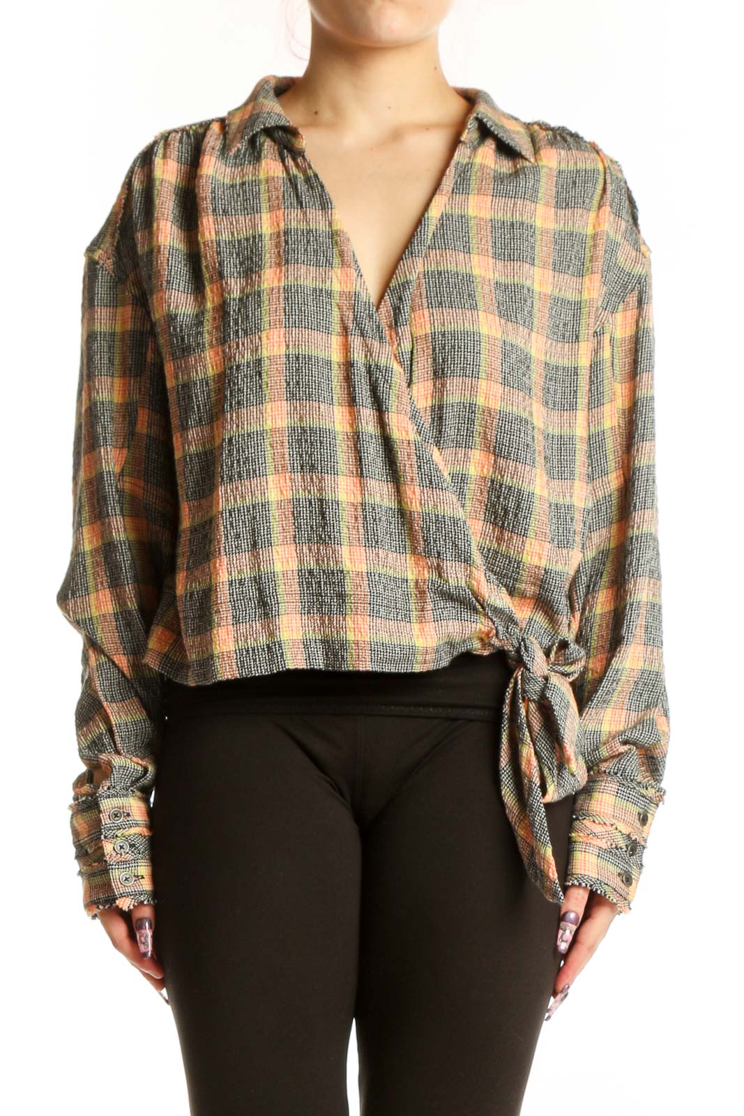 Multicolor Plaid Tie-Front Button-Up Shirt Front