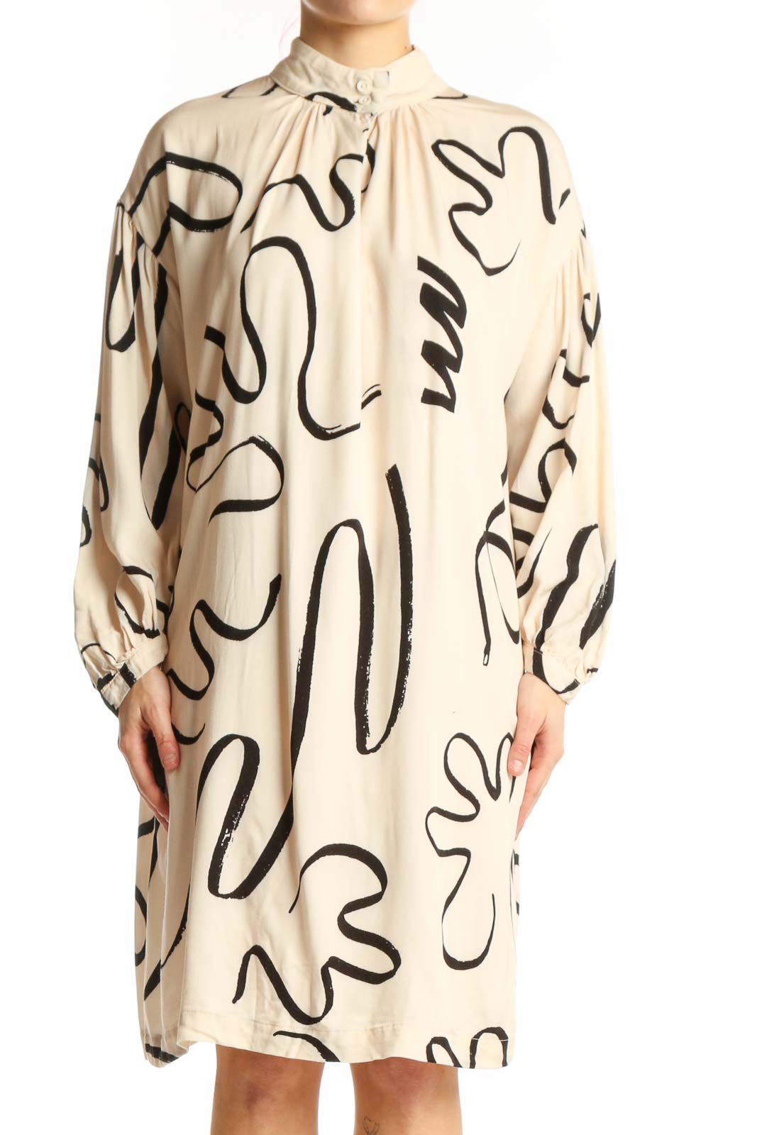 Cream Abstract Line Print Shift Dress Front