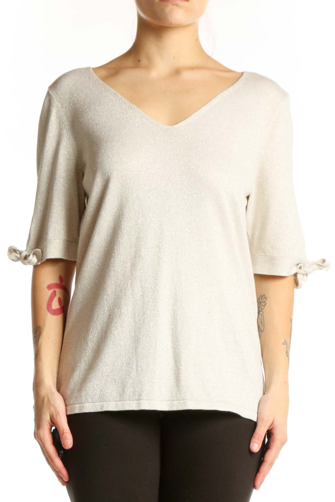 Cream V-Neck Metallic Blouse with Tie Sleeves Front