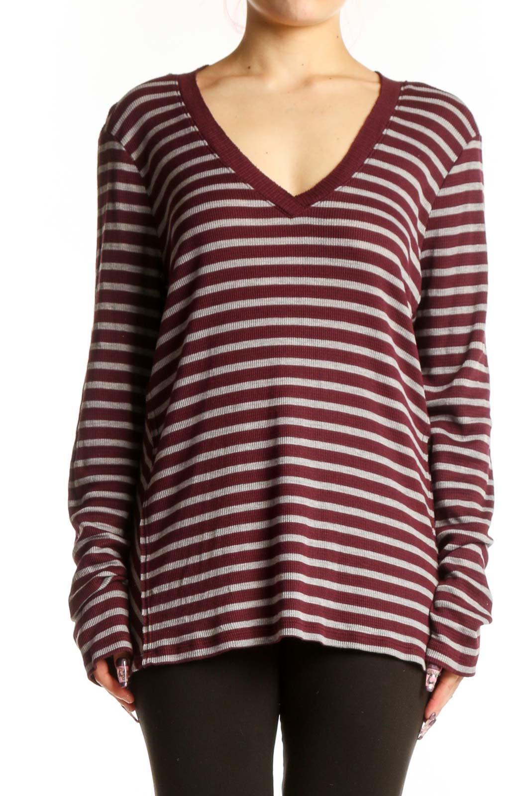 Burgundy Striped V-Neck Long Sleeve Top Front