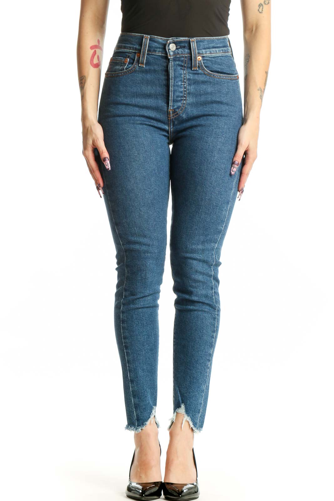 Blue Denim Skinny Jeans with Distressed Hem Front