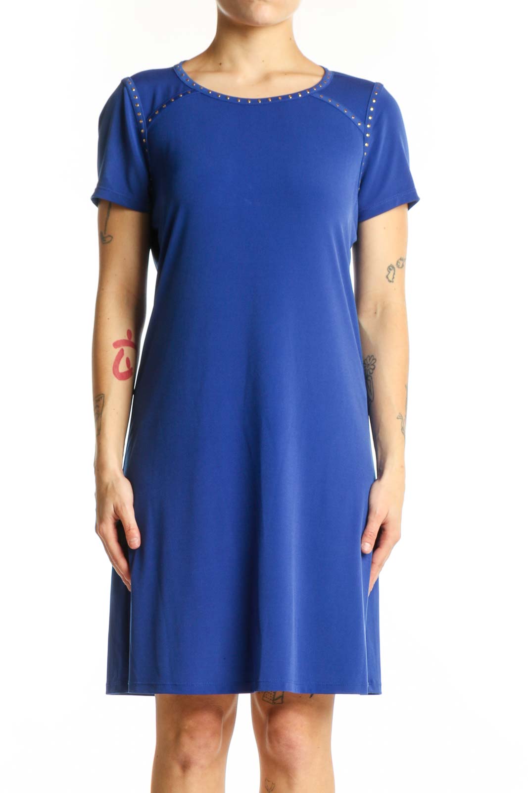 Blue Short Sleeve A-Line Dress Front