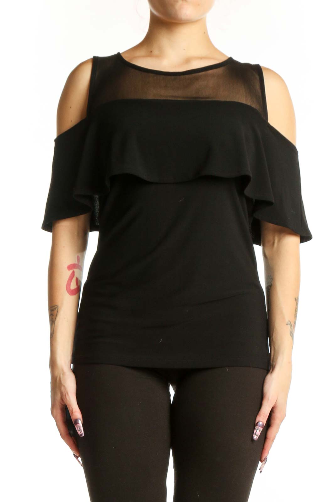 Black Cold Shoulder Ruffle Top Front