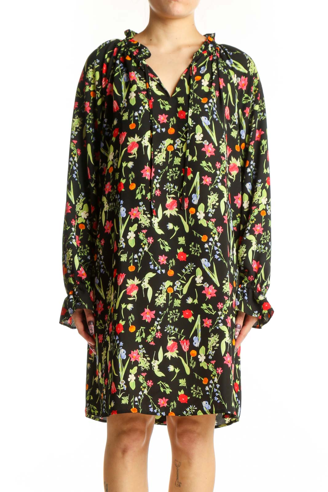 Black Floral Print Polyester Dress Front