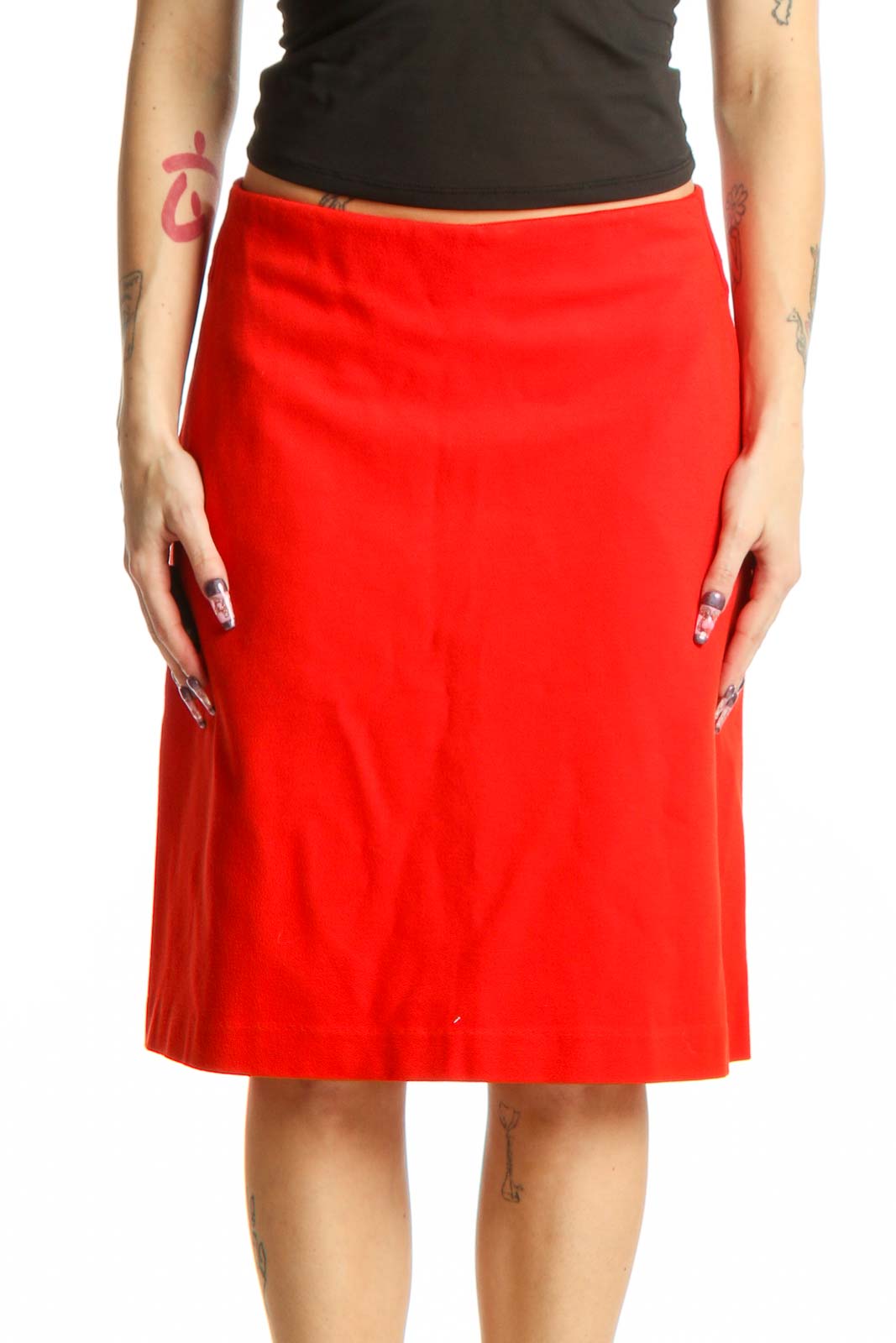 Red A-Line Midi Skirt with Pockets Front