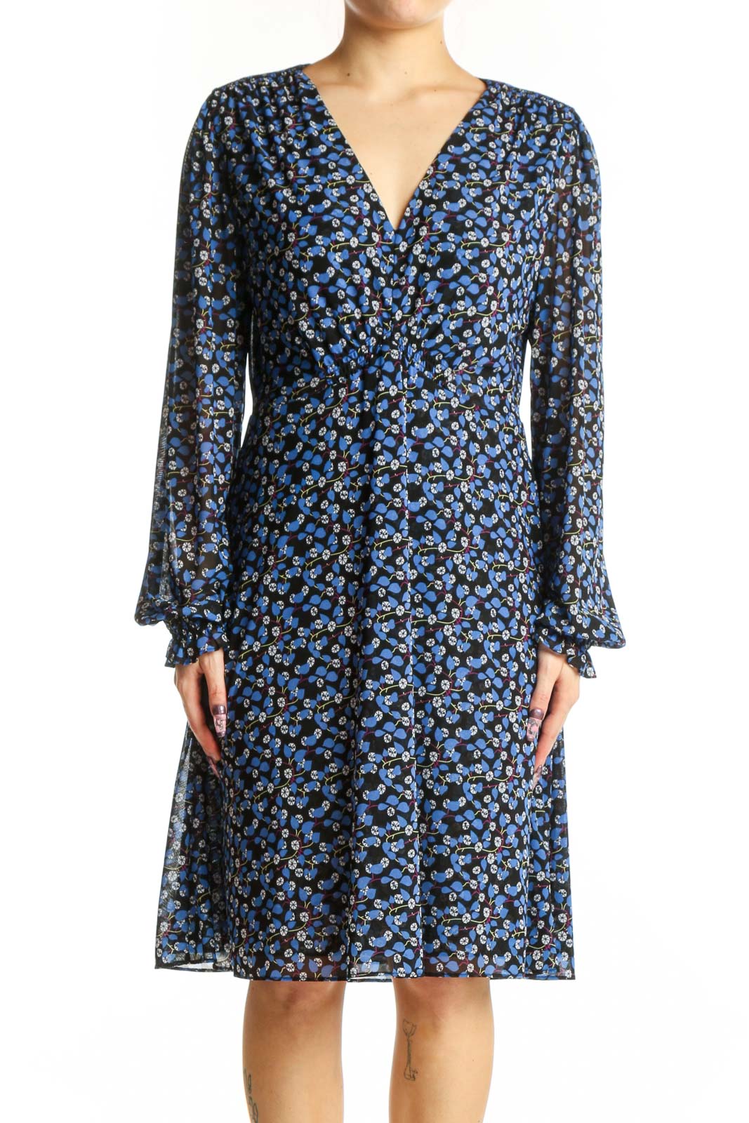 Navy Blue Floral Wrap Dress with Bell Sleeves Front