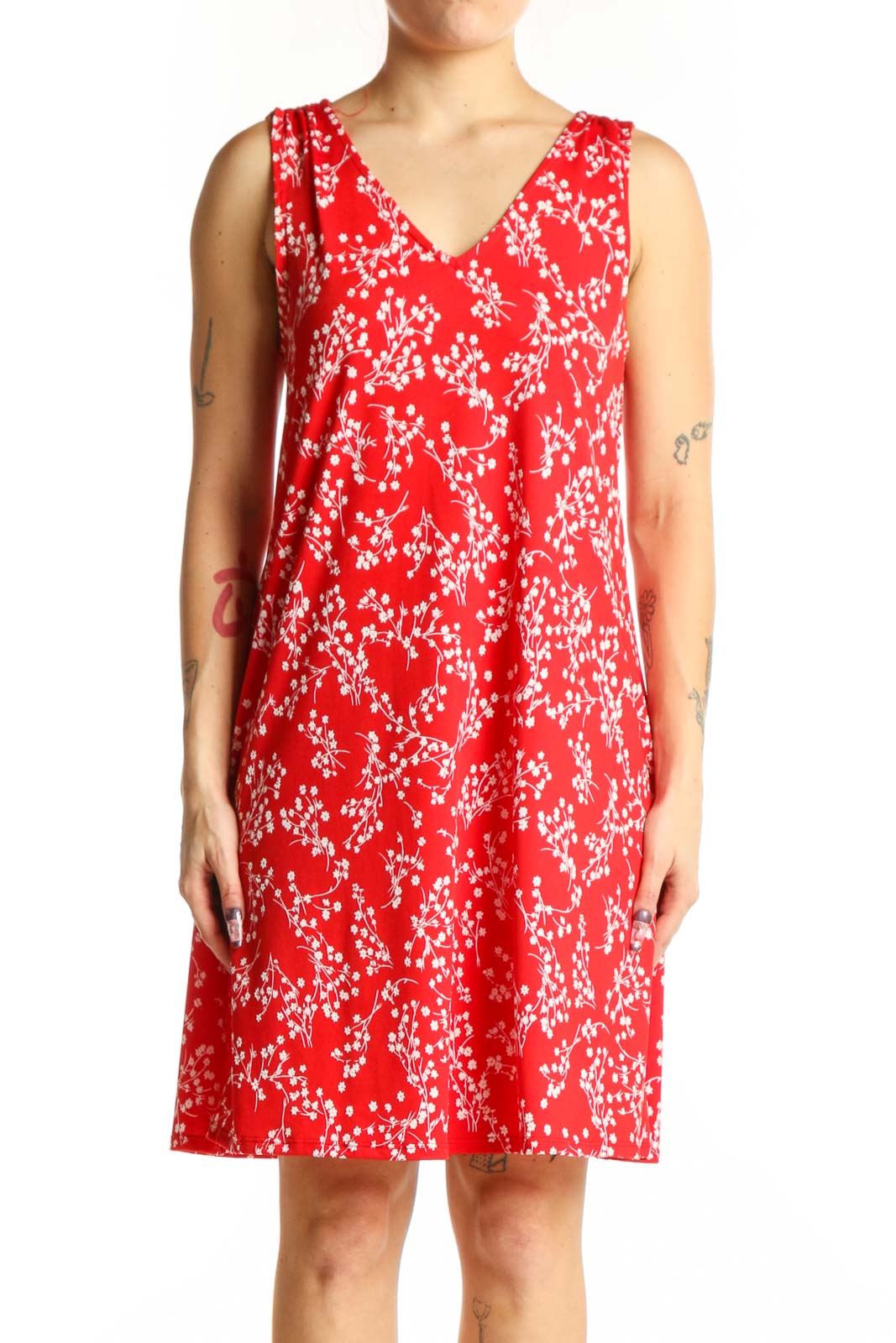 Red Floral V-Neck A-Line Dress Front