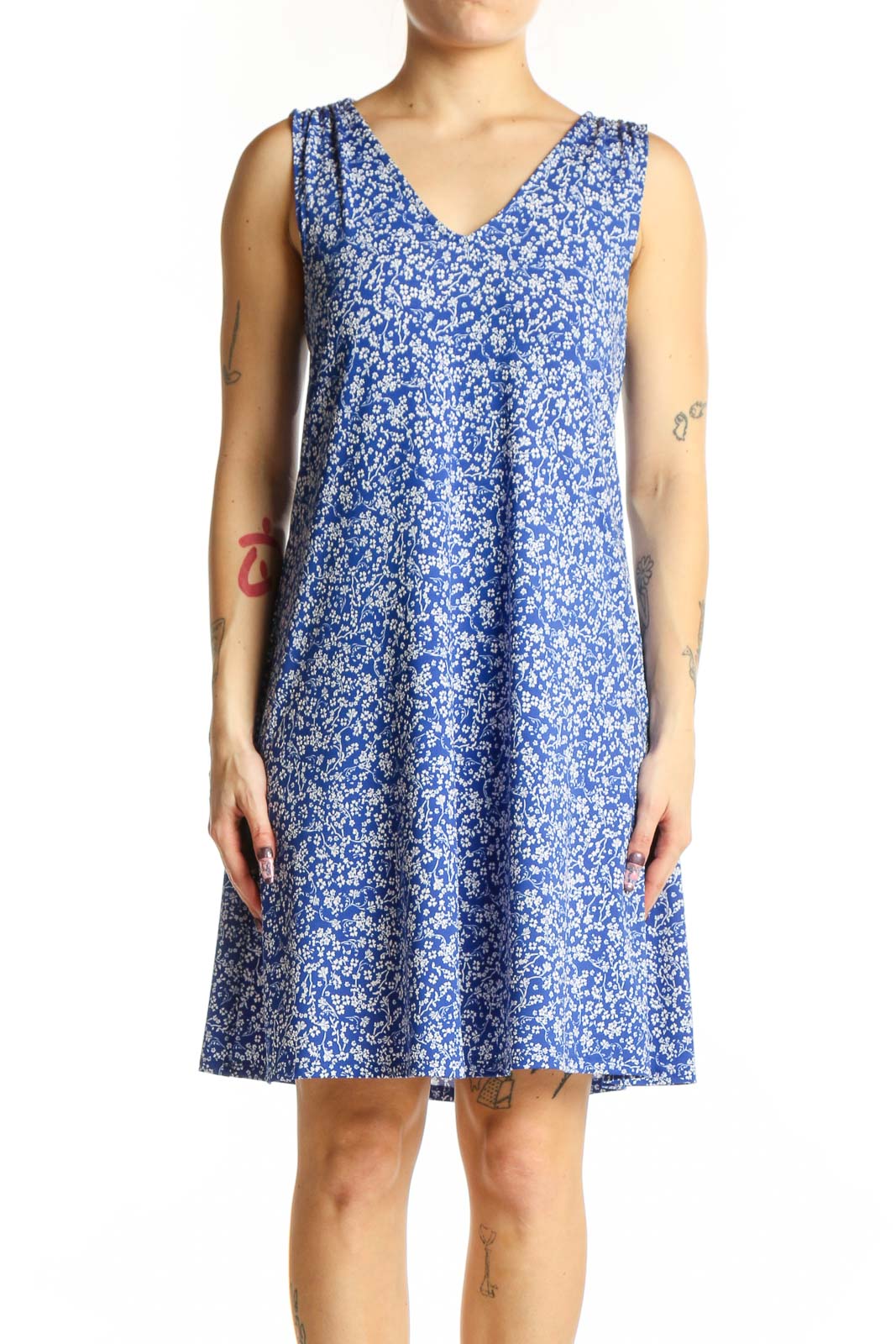 Blue Floral V-Neck A-Line Dress Front