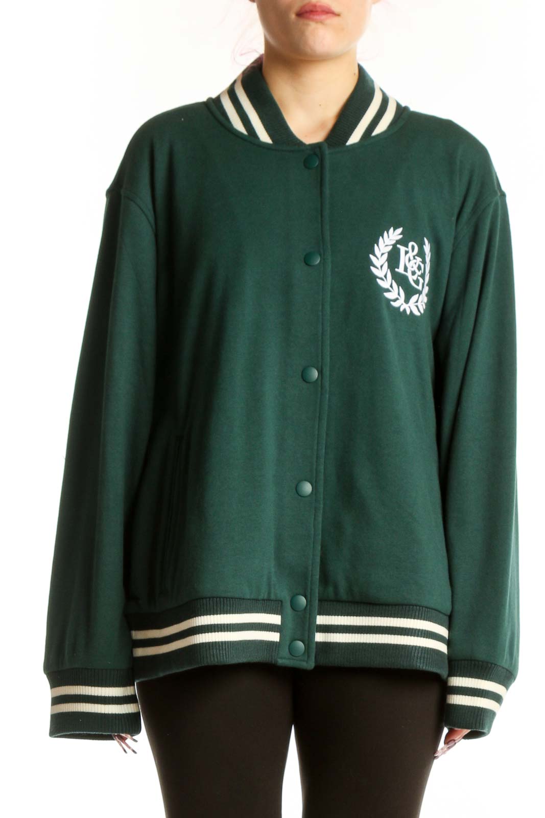 Green Varsity Bomber Jacket with Embroidered Logo Front