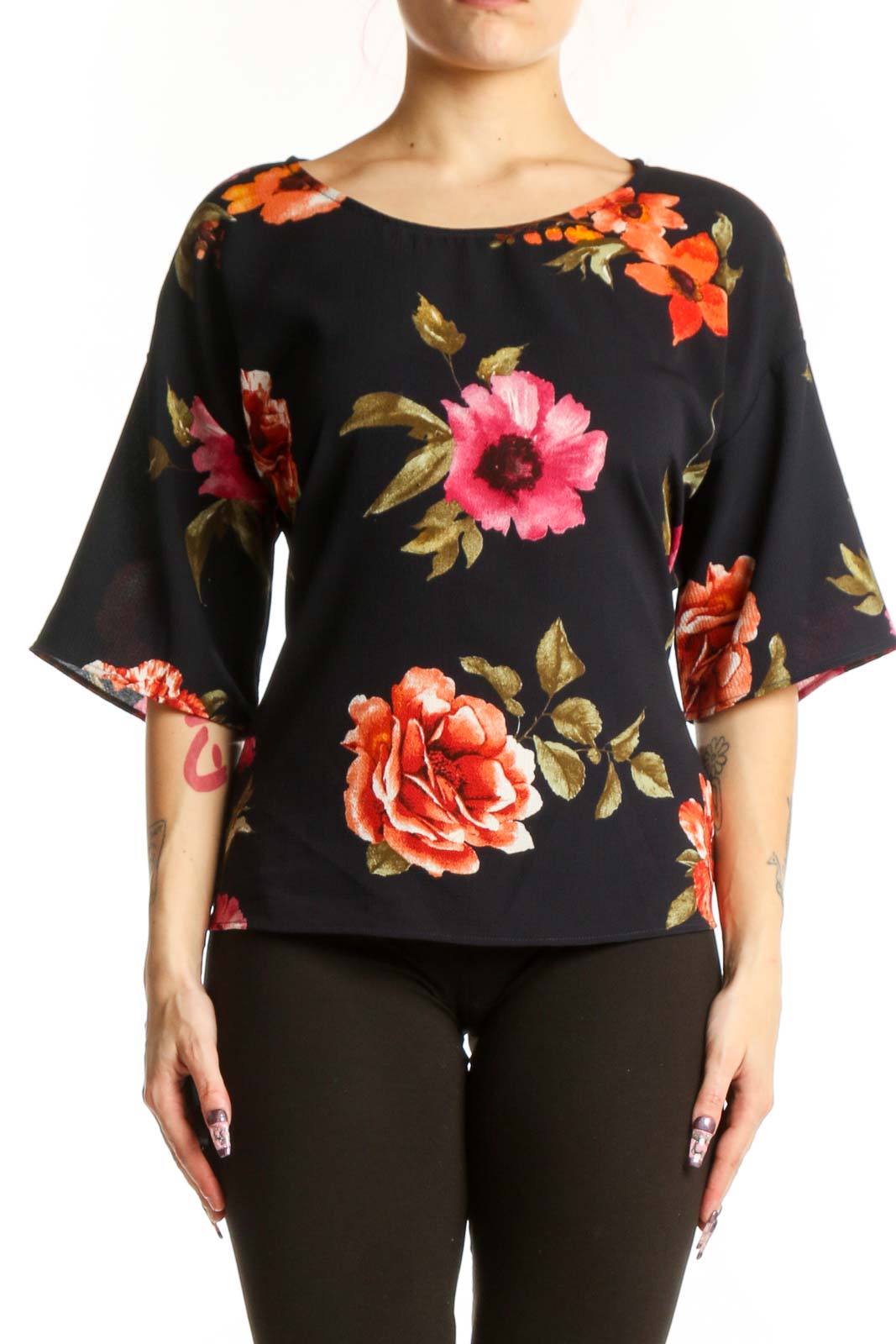 Black Floral Half Sleeve Top Front