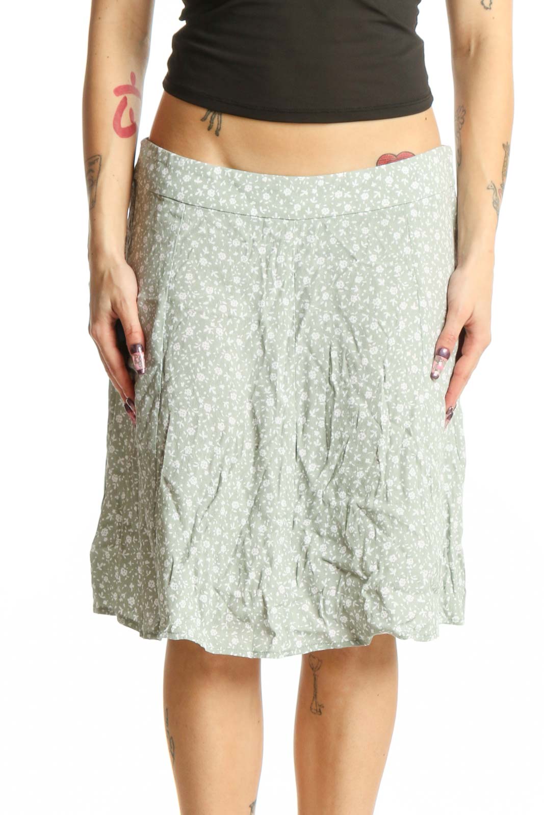 Green Floral A-Line Midi Skirt Front