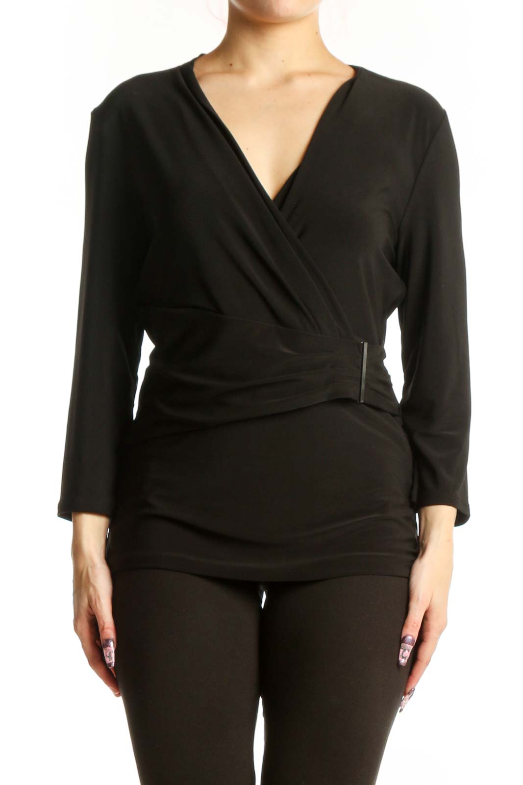 Black Wrap Long Sleeve Top Front
