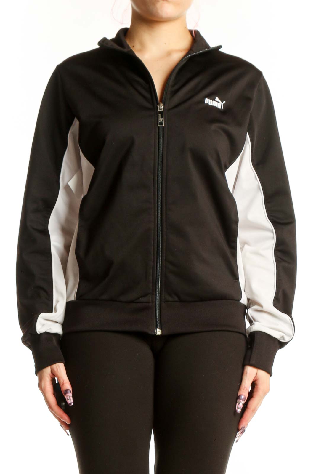 Black Puma Track Jacket with White Stripes Front