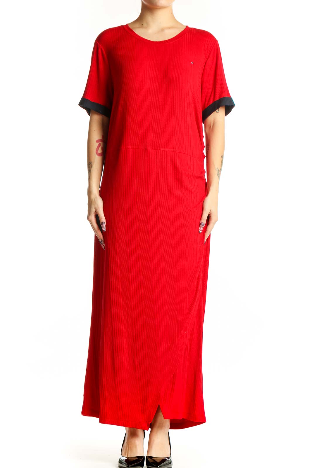 Red Maxi T-Shirt Dress with Black Trim Front