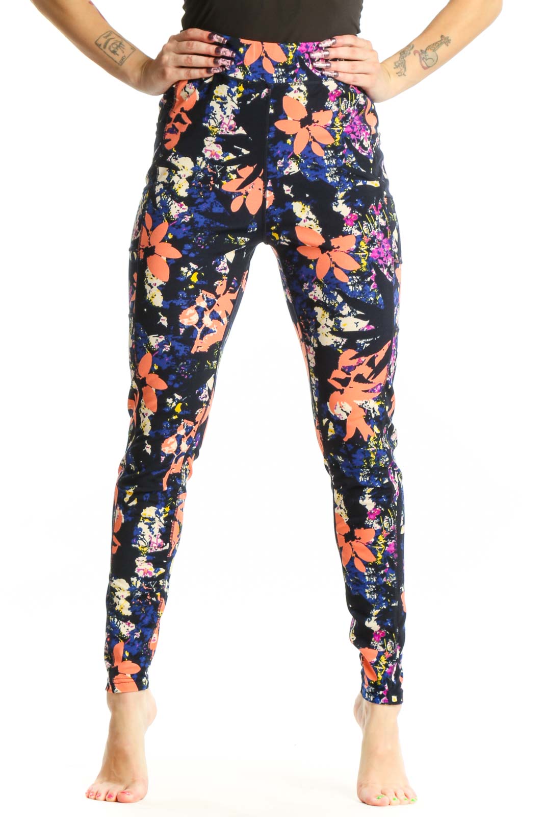 Navy Floral Print Activewear Leggings Front
