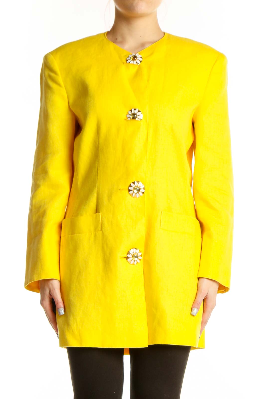 Yellow Cupro Linen Button-Front Jacket Front