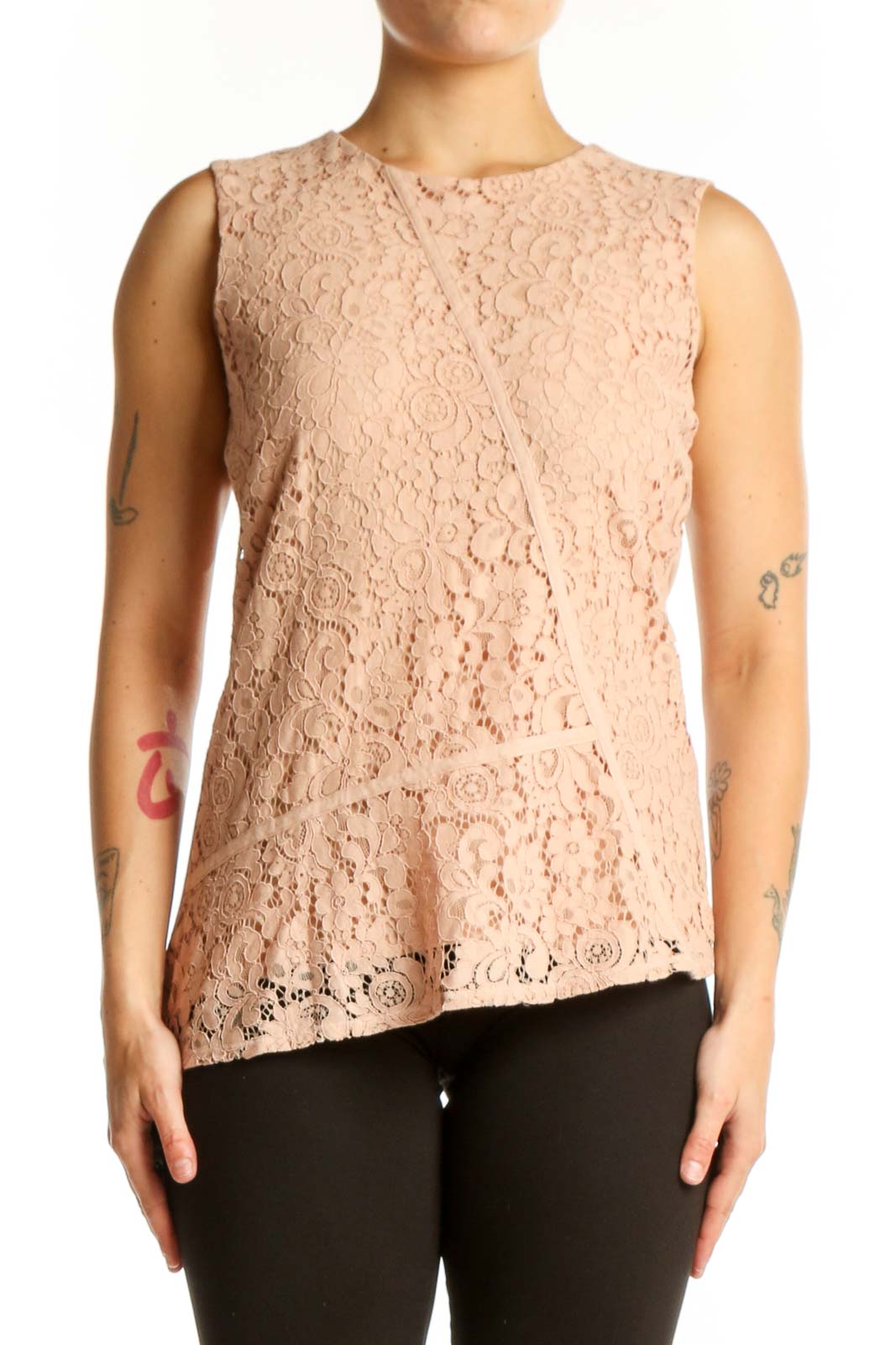 Beige Lace Sleeveless Tank Top Front