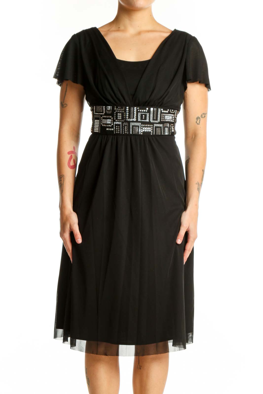 Black Embellished Empire Waist Midi Dress Front