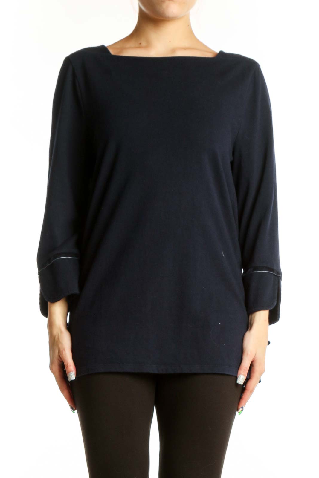 Navy Cotton Long Sleeve Casual Top Front