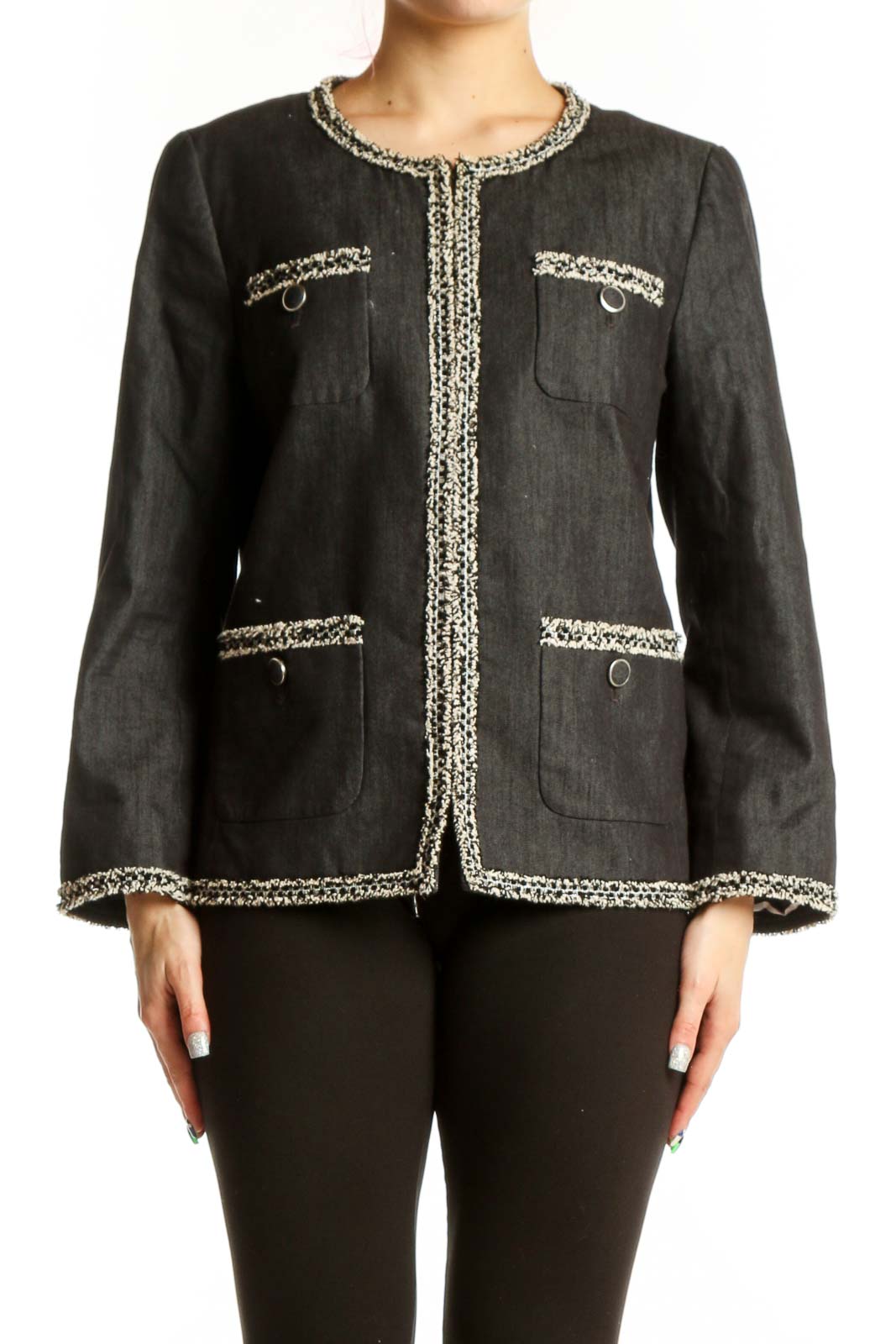 Charcoal Tweed Blazer with Decorative Trim Front