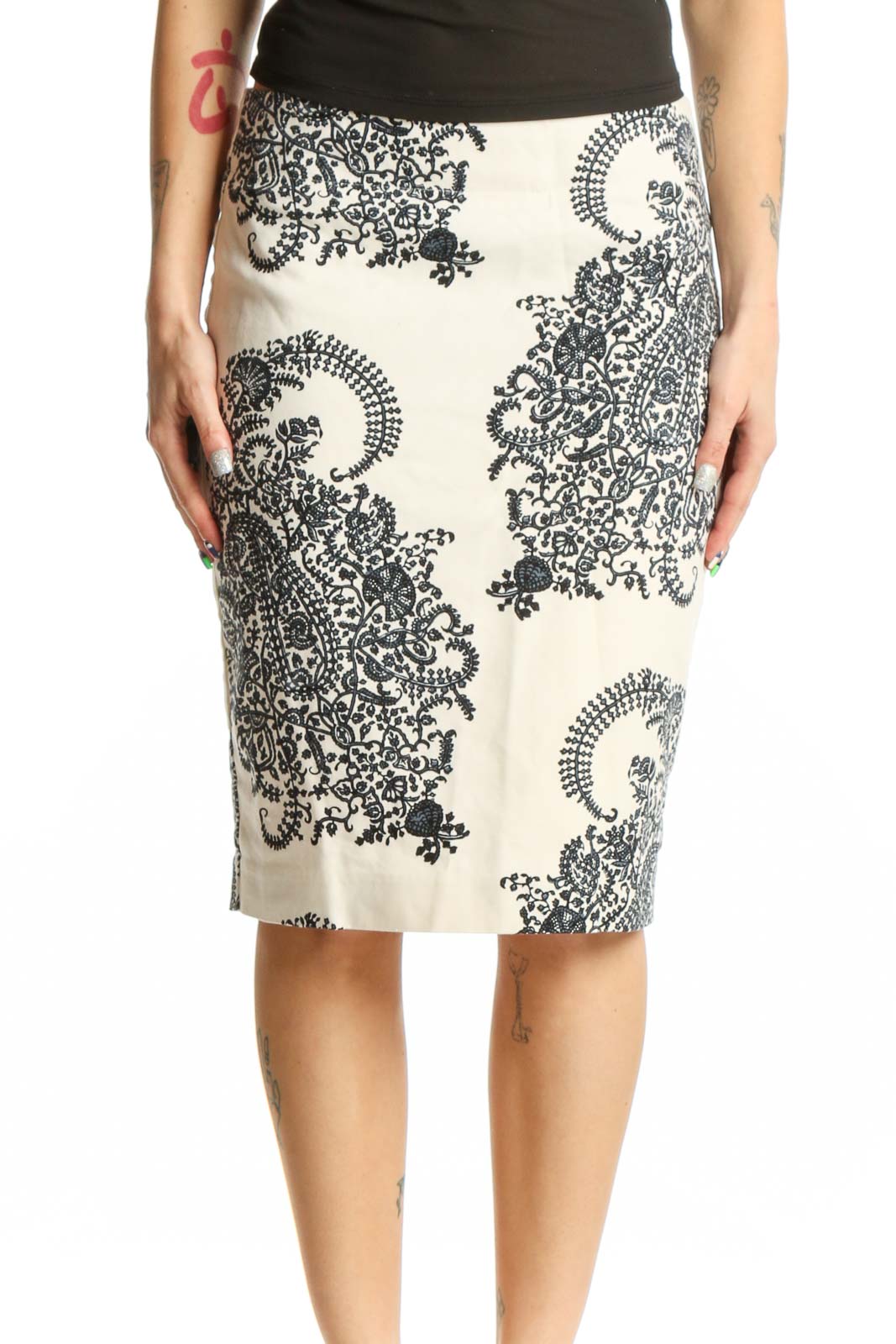 Cream Lace Paisley Pencil Skirt Front