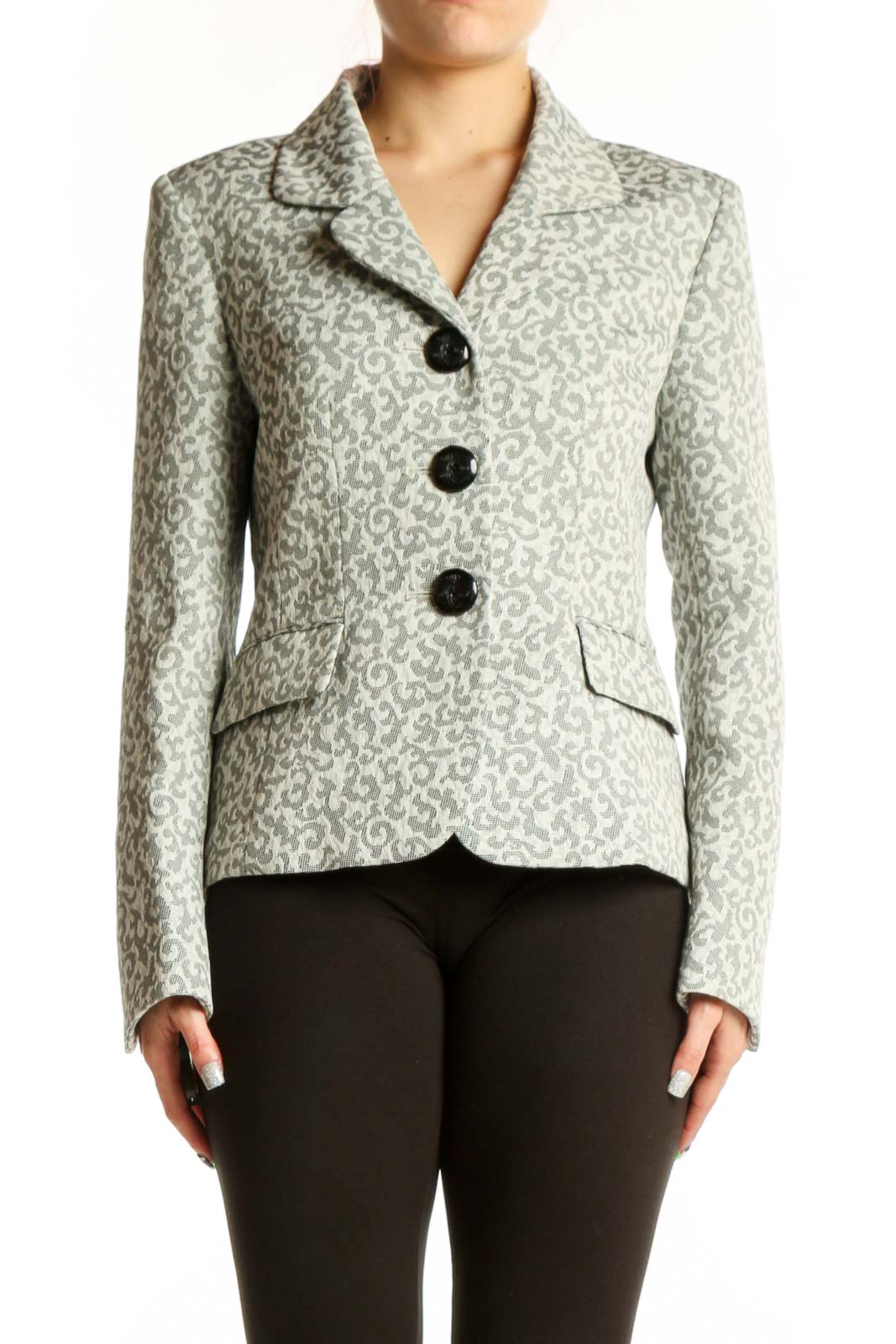 Cream Jacquard Button-Front Blazer Jacket Front