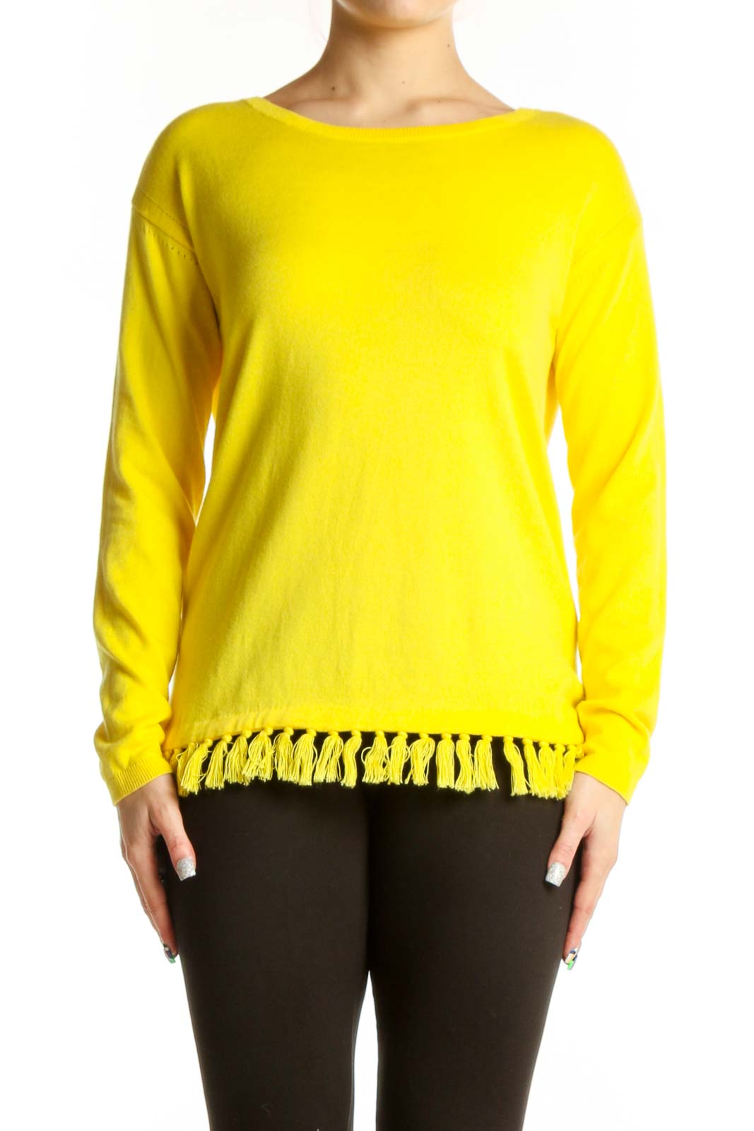 Yellow Cashmere Blend Fringe Sweater Front