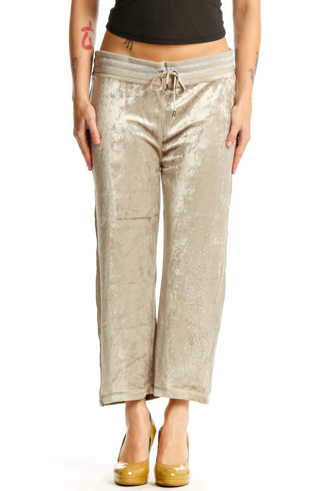 Cream Velvet Cropped Jogger Pants Front