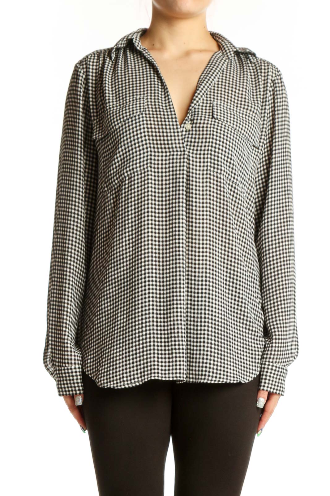 Black and White Gingham Button-Up Blouse Front