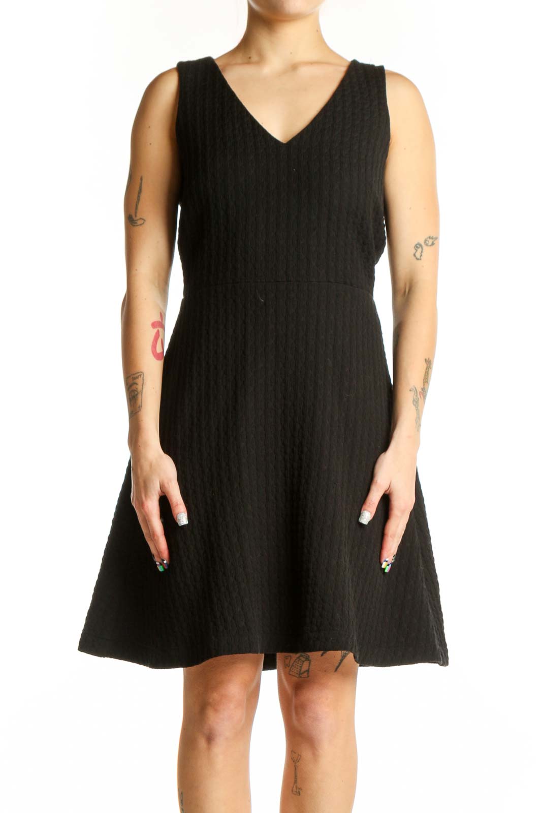 Black Ribbed V-Neck Fit and Flare Dress Front