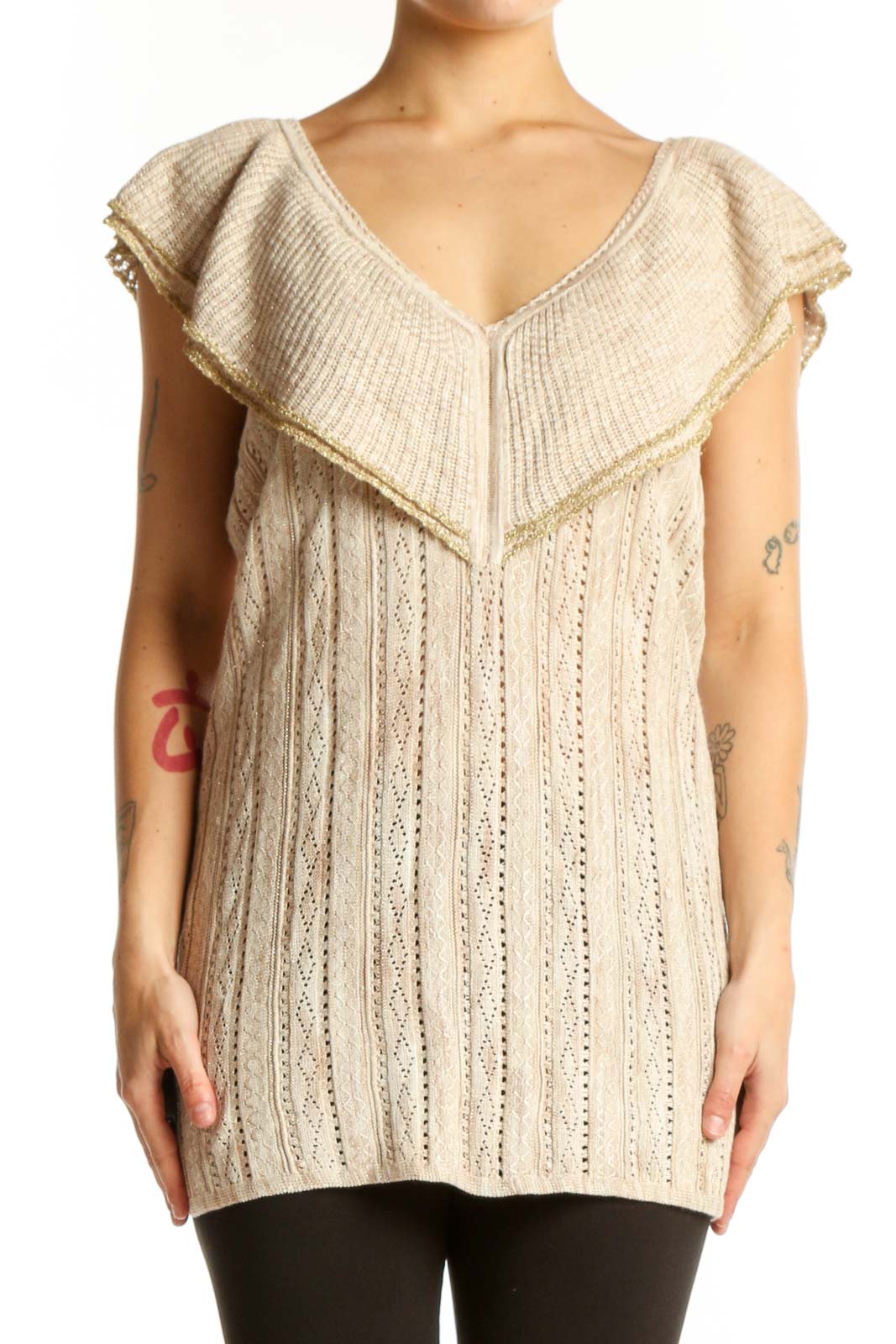 Cream Ruffled V-Neck Knit Top Front