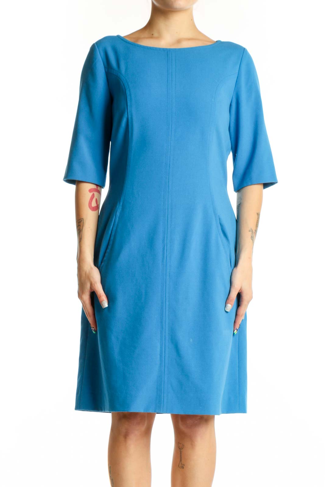 Blue Half Sleeve A-Line Dress Front