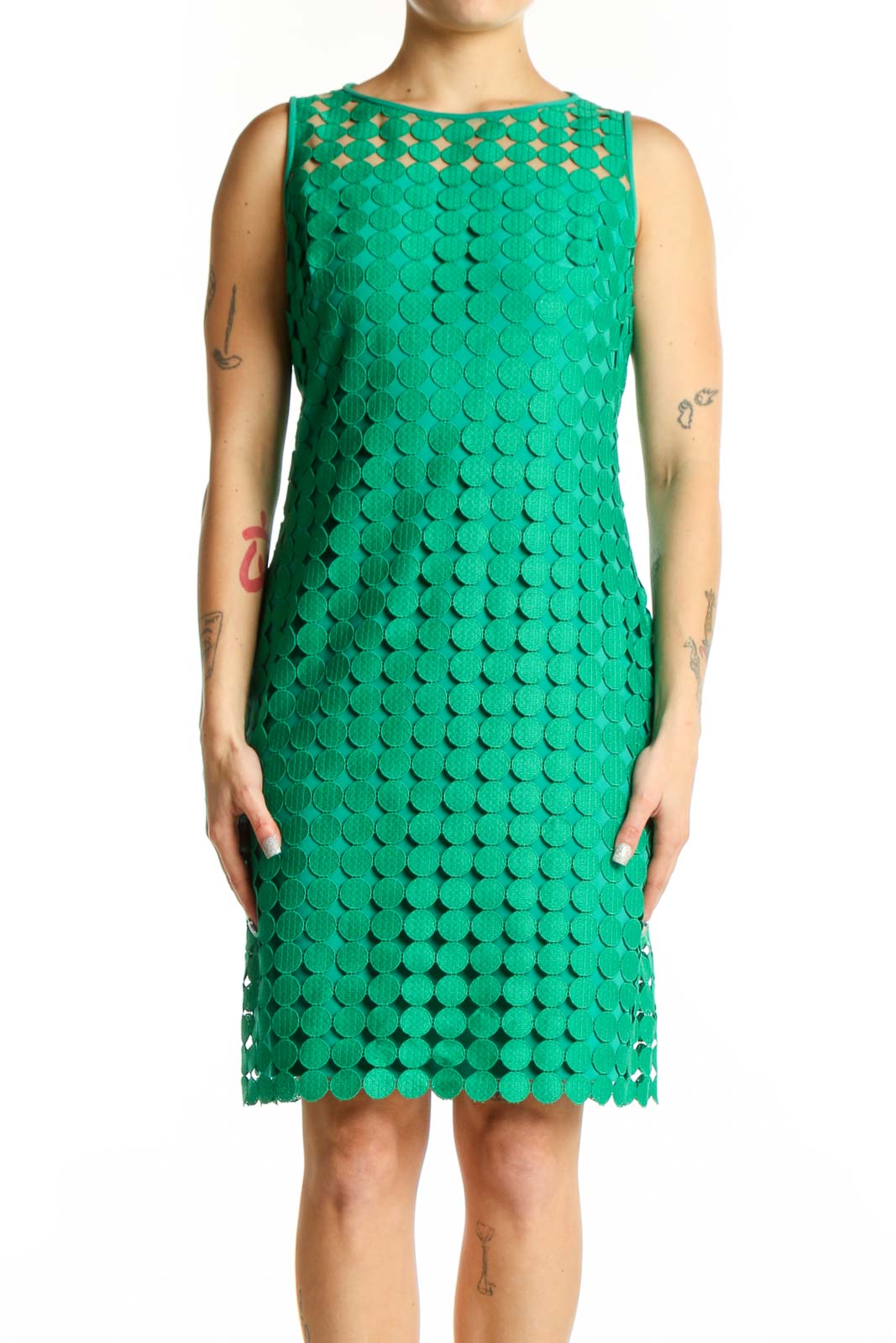 Green Eyelet Lace Sleeveless Dress Front